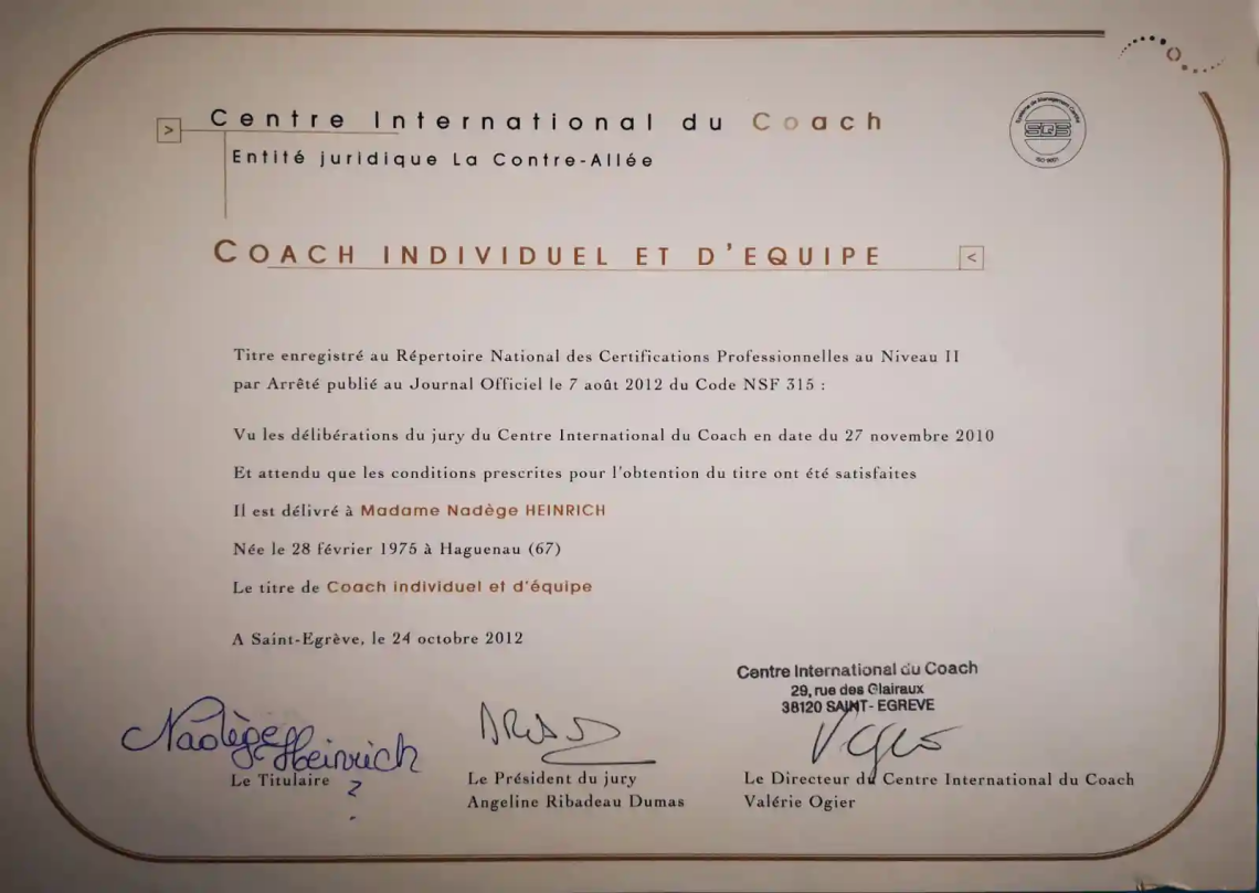 Diplome du Coach individuel et d'equipe Nadege Heinrich
