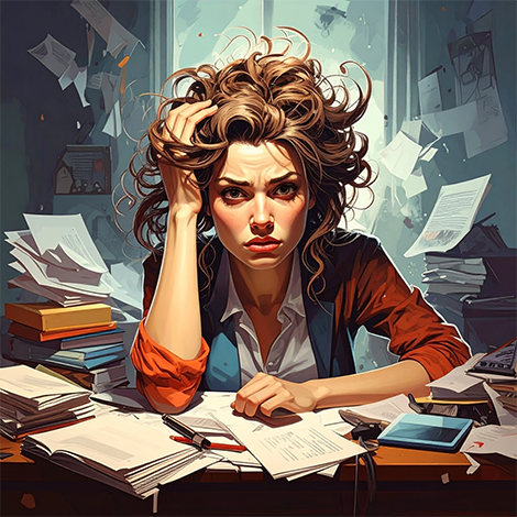 Femme sur son bureau avec des documents en attente qui s’entassent et qui ne sait pas quoi faire